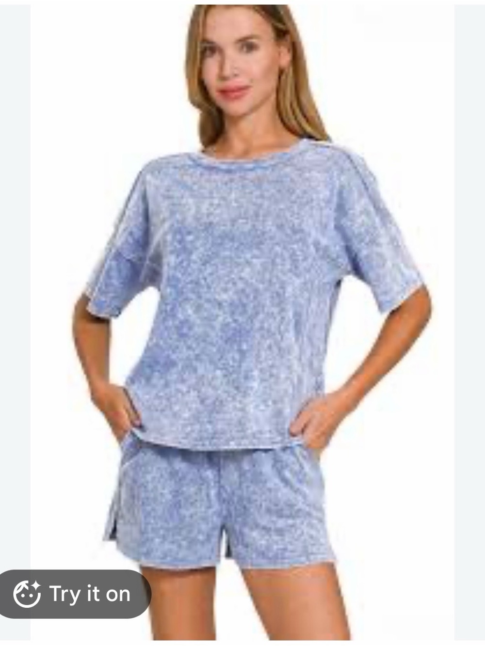 Zenana Outfitters Heathered Light Blue Short Sleeve short outfit set m